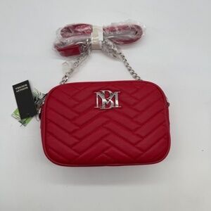 Badgley Mischka Red Camera Bag with Chain Strap Vegan Leather Quilted $79